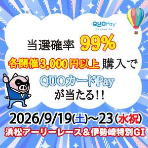 当選確率99％！毎日浜松アーリー&伊勢崎特別GI購入でQUOカードPayが当たる！