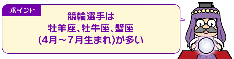 ポイント:競輪選手は牡羊座、牡牛座、蟹座(4月~7月生まれ)が多い