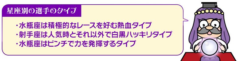 星座別の選手のタイプ:・水瓶座は積極的なレースを好む熱血タイプ/・射手座は人気時とそれ以外で白黒ハッキリタイプ/・水瓶座はピンチで力を発揮するタイプ